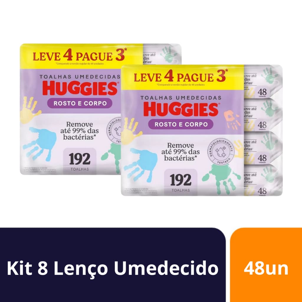 Kit 8 Lenços Umedecidos Infantis Huggies para Rosto e Corpo Pacotes com 48 Unidades