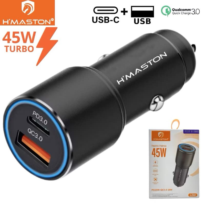 Carregador veicular Turbo Tipo-C + USB 45W 6А H'Maston LO6L Carregador veicular