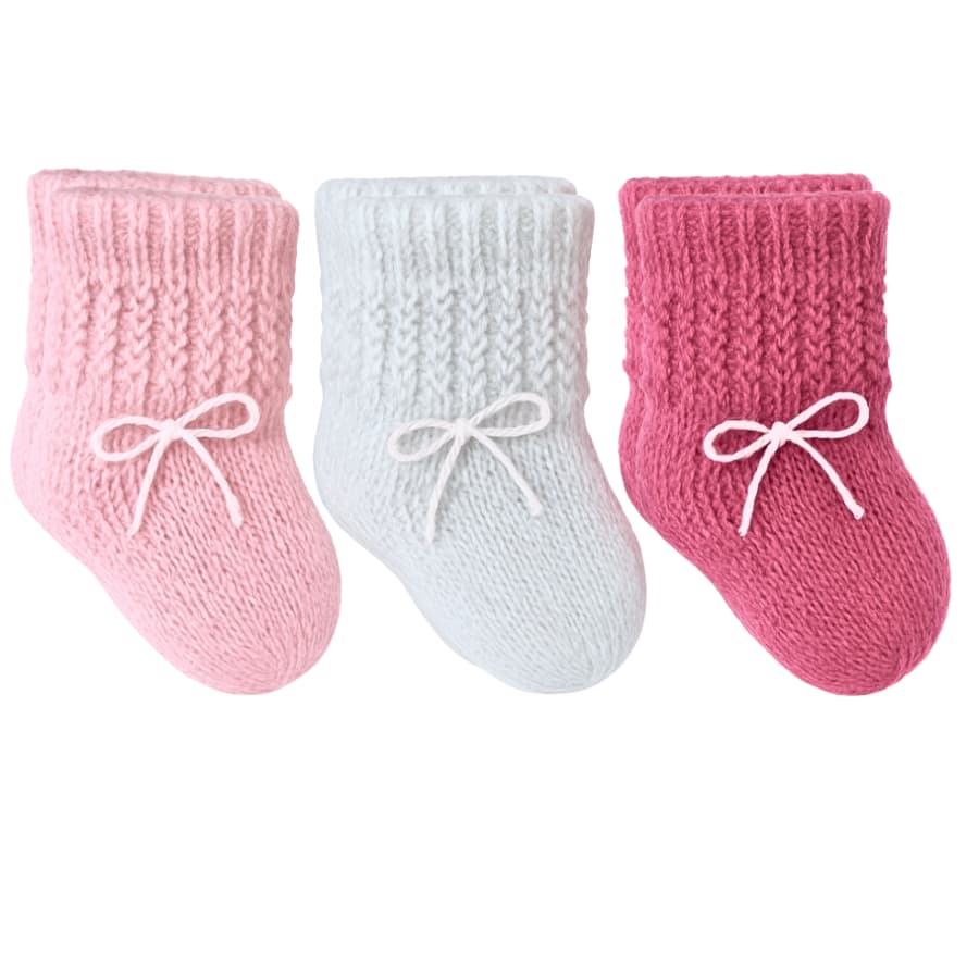 Kit 03 Pares Sapatinhos de Lã Bebê RN Recém Nascido Bonecas Pantufa Enxoval Maternidade Inverno Macio Tricô
