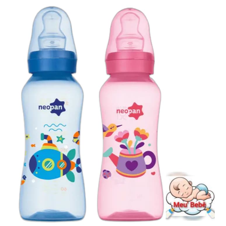 MAMADEIRA NEOPAN CRIATIVA AZUL/ROSA 250 ML BICO DE SILICONE ORTODÔNTICO (6+)