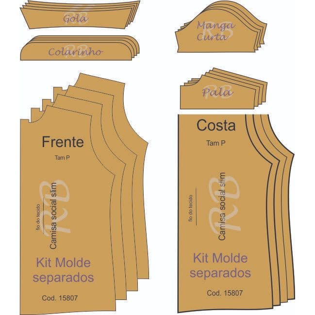 Kit Molde de camisa, modelagem de camisa social modelo Slim, em papel Kraft 80 gr.