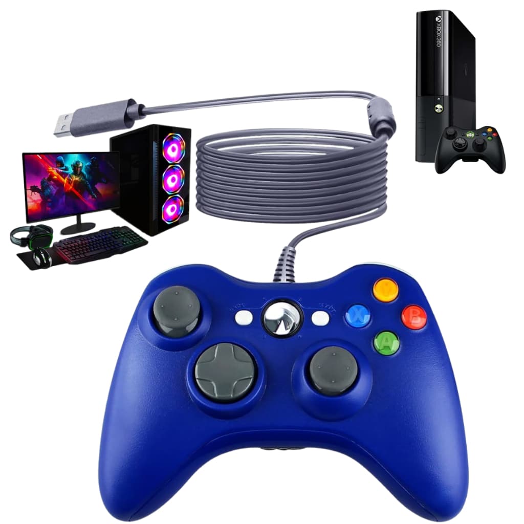 Controle Para Xbox 360 Pc Tv Android Video Game Com Fio Azul Azul