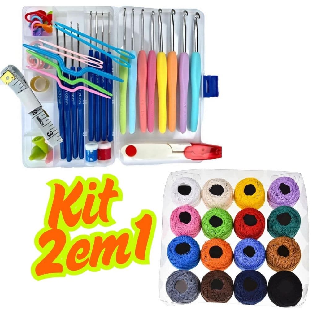 Kit Crochê Amigurumi 16 Agulhas + 16 Rolos de Linha Crochê