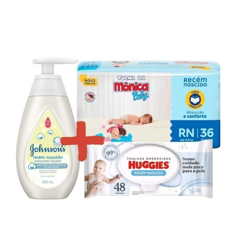 Combo 1 Sabonete Líquido Johnson's RN + 1 Fralda Turma da Mônica RN 36 Unidades+ Lenço Umedecidos Huggies RN 48 unidades
