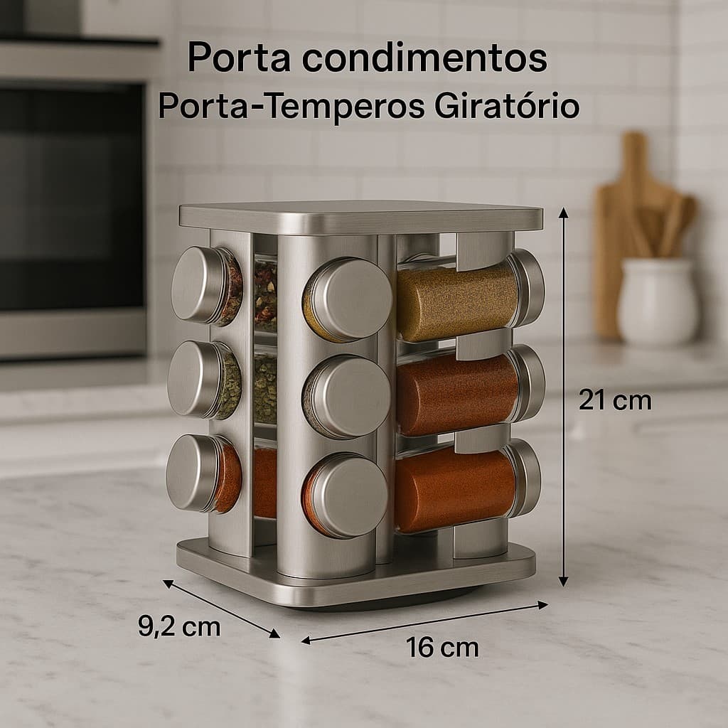 Porta Condimentos e Temperos Giratório em 360º Com 12 Potes em Aço Inox e Vidro Para Condimentos Temperos Especiarias