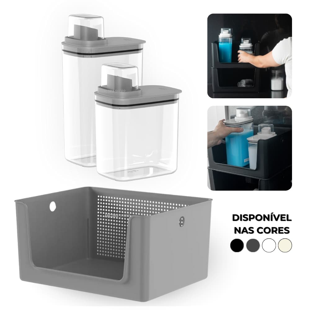 Kit Organizador de Lavanderia 1,5 e 2,3 Litros + Cesto 16L Sabão Liquido Amaciante Abertura Frontal