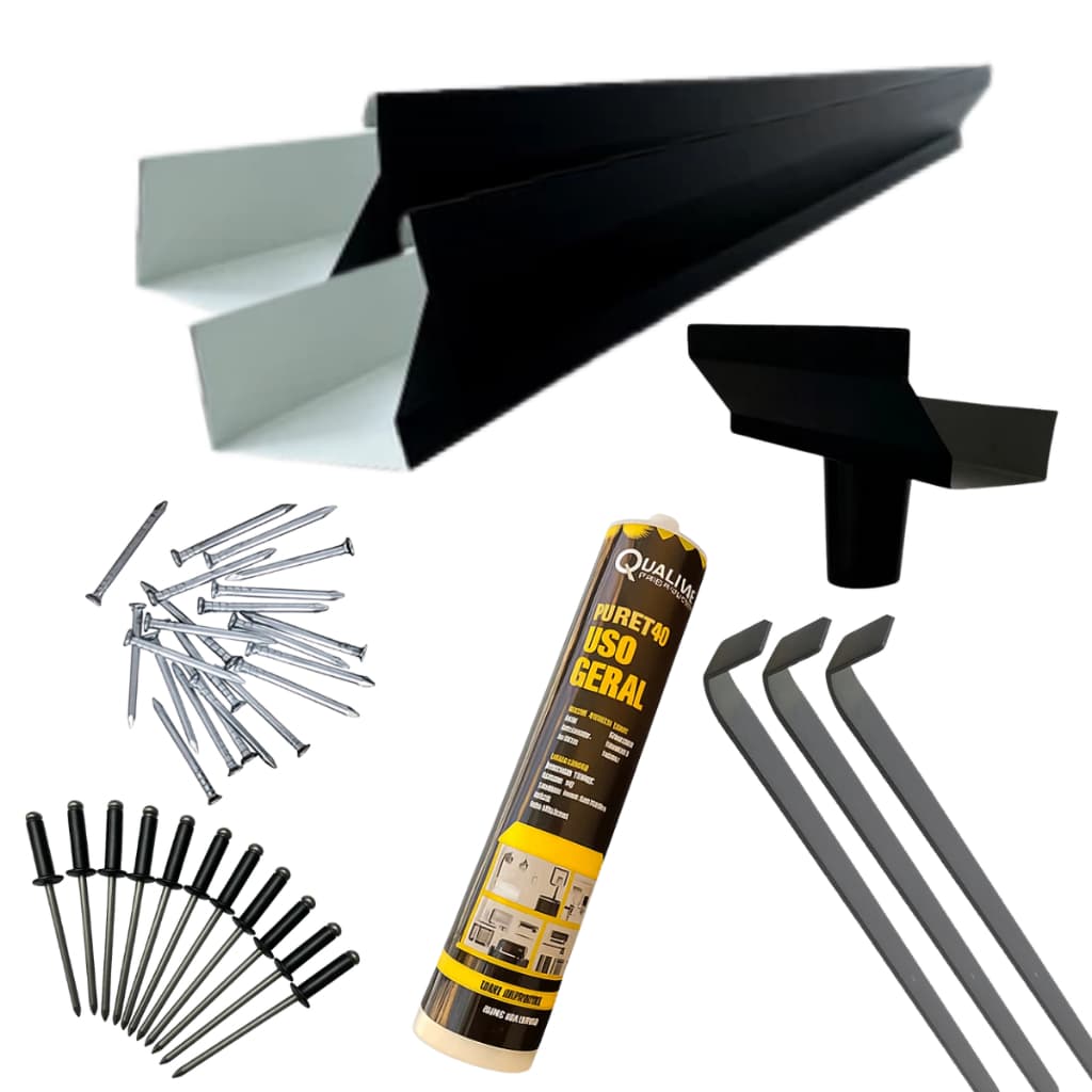 Kit Completo Calha Beiral Preta Com Suporte, Rebite, Prego, Cola PU, Tampa e Bico Pronto P/ Instalar