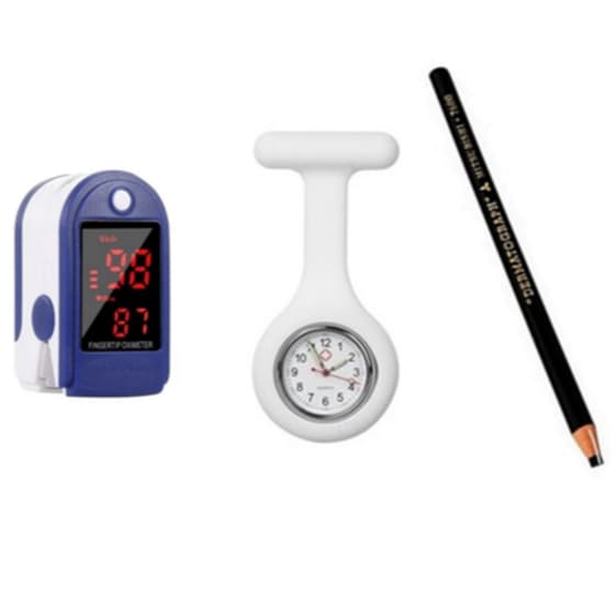 Kit Oxímetro Digital Dedo + Relógio Lapela + Lápis Preto Mitsubishi | Fisioterapia Saúde Enfermagem
