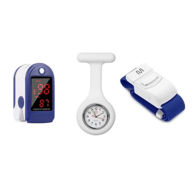 Kit Oxímetro Dedo + Relógio Lapela + Garrote Azul – Enfermagem Saúde Fisioterapia