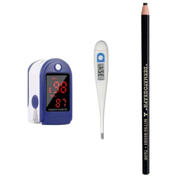 Kit Oxímetro Dedo + Lápis Dermatográfico + Termômetro Clínico – Enfermagem Saúde Fisioterapia