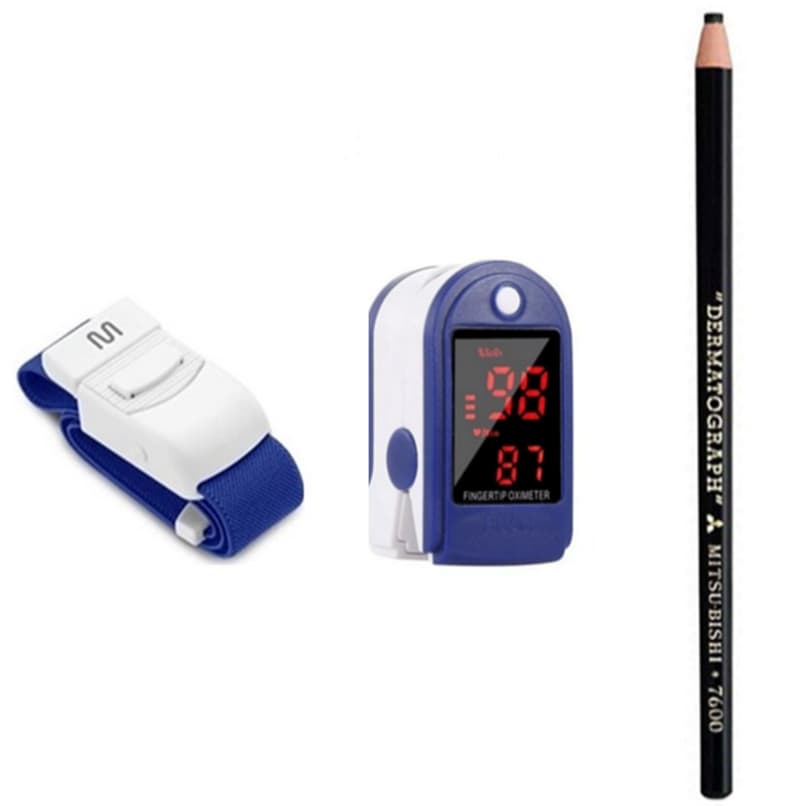 Kit Oxímetro Dedo + Lápis Dermatográfico Mitsubishi + Garrote Azul – Enfermagem Saúde Fisioterapia