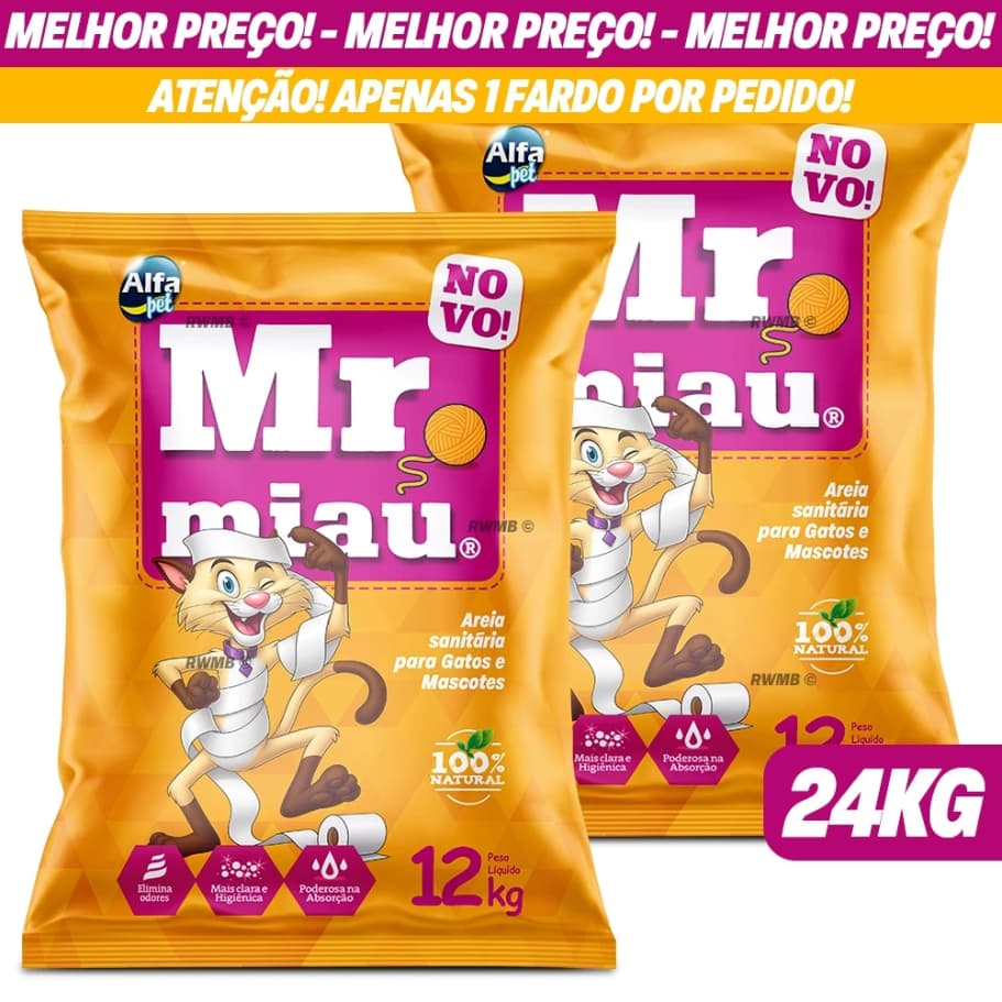 Kit 2 Pacotes Areia Sanitária Gato 24Kg Mr. Miau Alfapet Natural Elimina Odores Pacote Econômico Granulada Absorvente