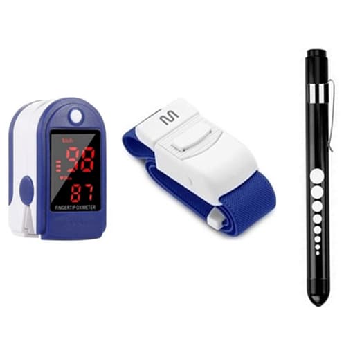 Kit Enfermagem – Oxímetro Dedo + Garrote Azul + Lanterna Clínica Light Pen | Saúde Fisioterapia