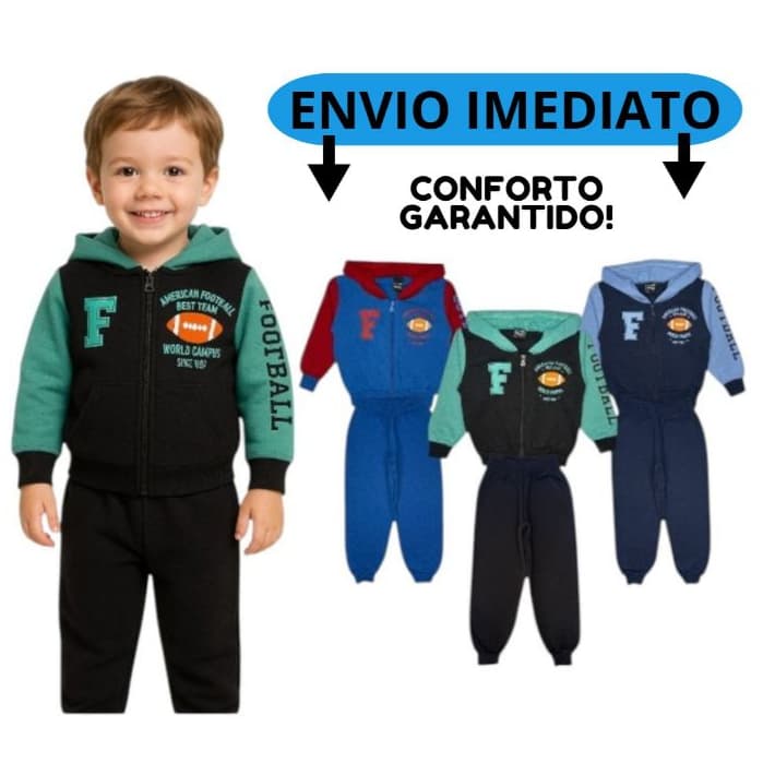 Kit 2 Peças Moletom Peluciado Sortido Com Capuz Masculino Inverno Zíper - 1 Casaco + 1 Calça 1 Ao 10