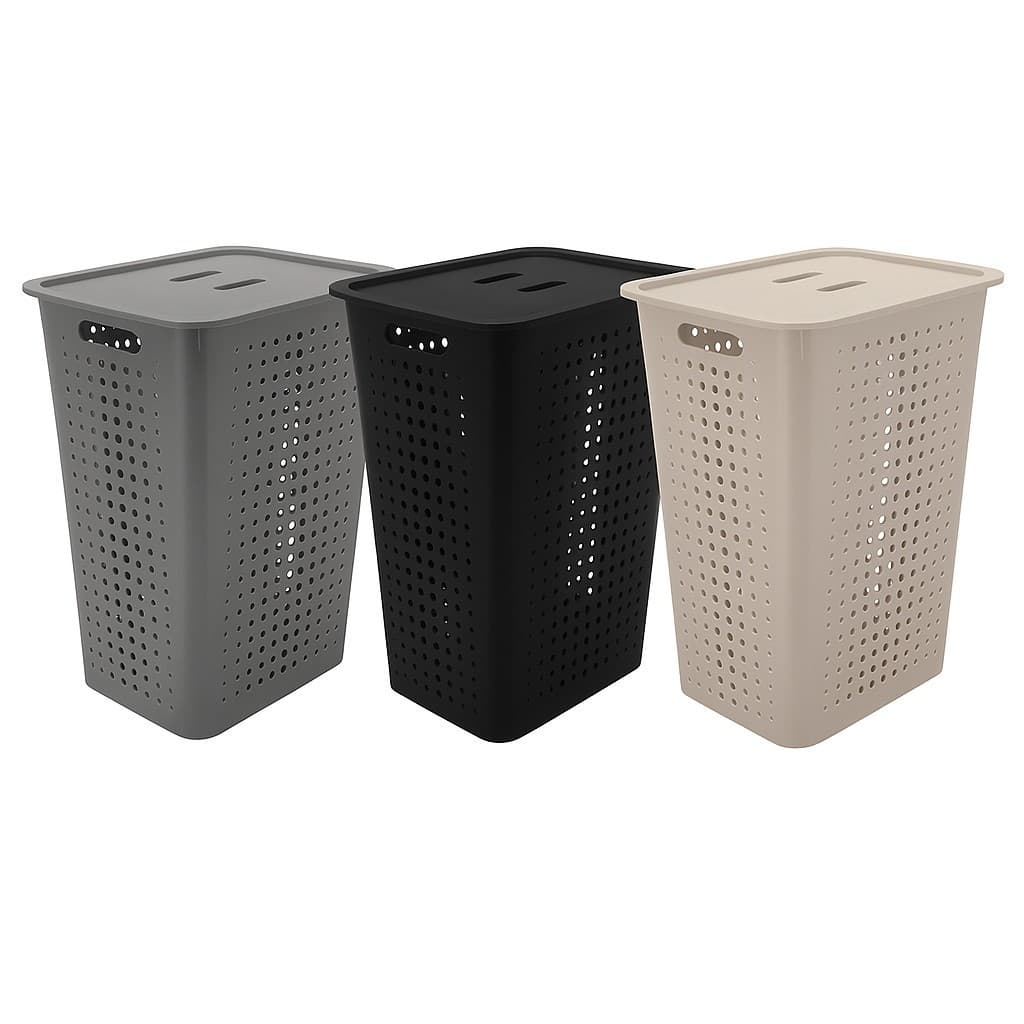 Cesto de Roupas Suja com Tampa Cesto Grande para Lavanderia, Banheiro ou Quarto Preto Chumbo e Bege
