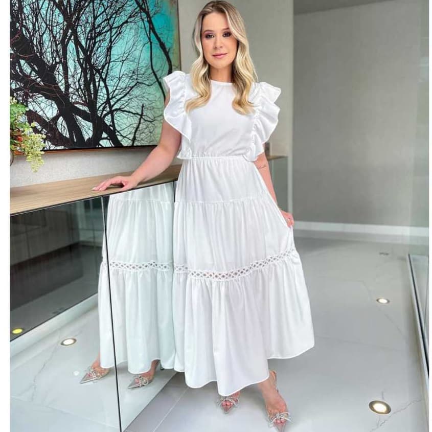 vestido longo feminino manga borboleta com babado crepinho com elástico na cintura com forro e renda ,MODA EVANGELICA