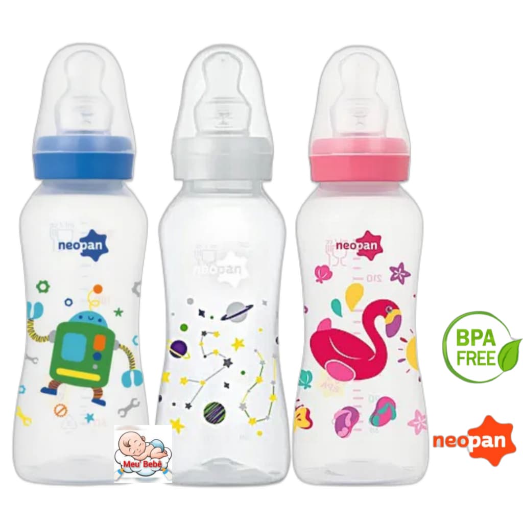MAMADEIRA NEOPAN DECORADA ROBÔ/PRAIA/CONSTELAÇÃO  250ML BICO ORTODÔNTICO DE SILICONE (6+)