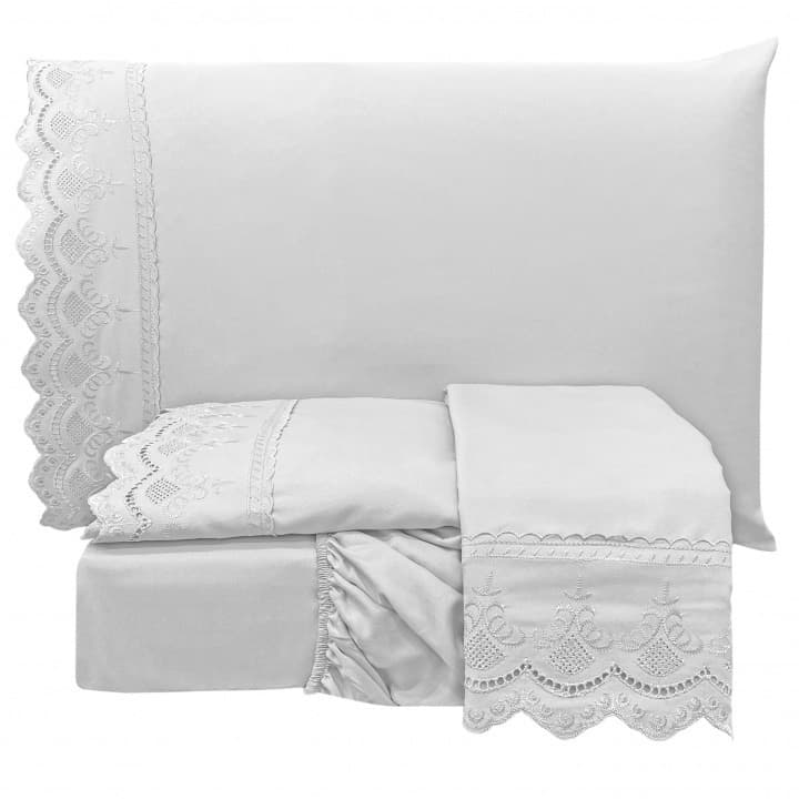 Jogo Lençol 3 pçs Cama King/Queen/Casal Bordado Inglês c/Leze Micropercal 400 Fios-Micaella Enxovais