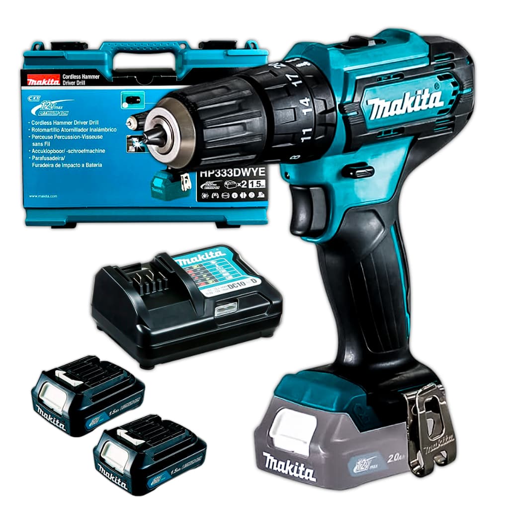 Furadeira Parafusadeira Makita HP333DWYE 12V CXT c/ Impacto Maleta, 2 Baterias Profissional Potente