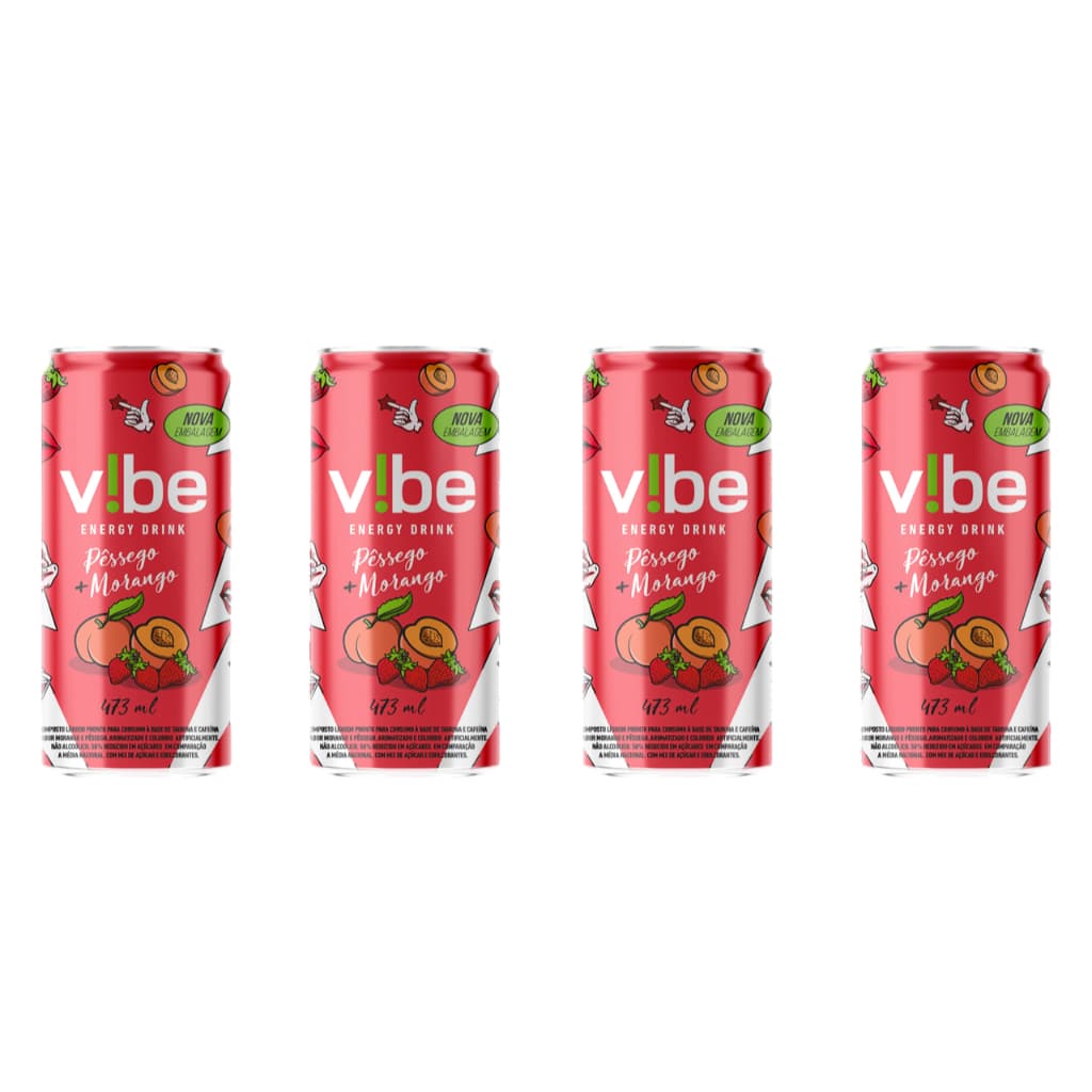 Energético Vibe Energy Drink Pêssego E Morango 473ml - Kit C/ 4 Unds