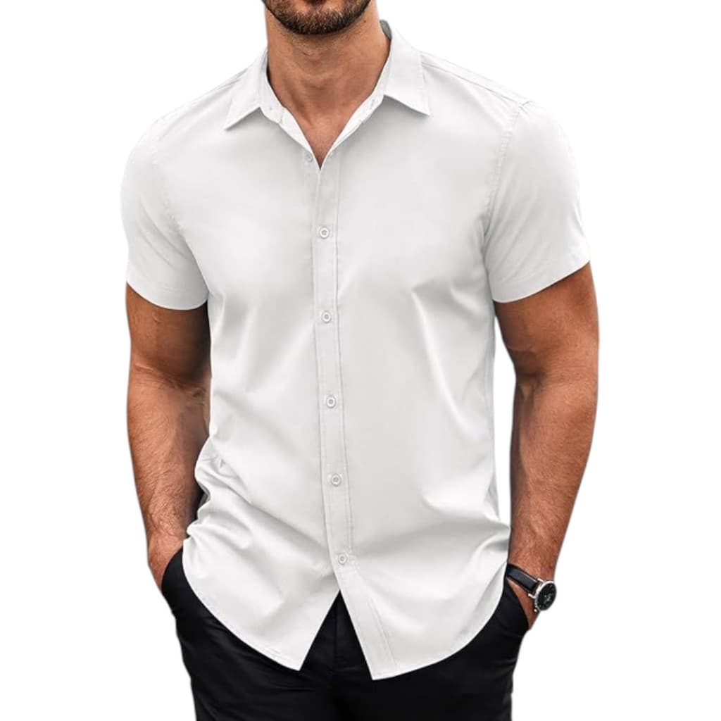 Camisa slim manga curta masculina social casual sem bolso todas as estações costura de qualidade