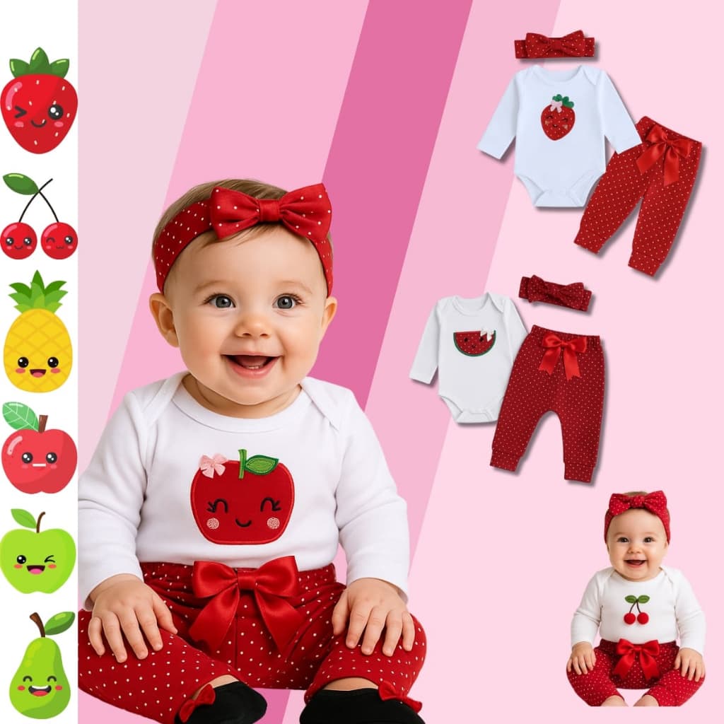 Roupa Conjunto Bebê Menina Mesversário Body Manga Longa Inverno Frio Mesversário Conjuntinho Roupinha Frutas Frutinhas