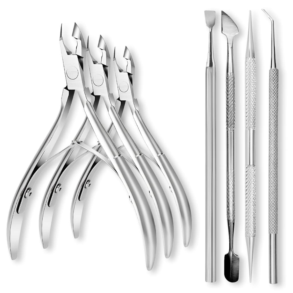 Kit Manicure Completo 7 Peças Inox 3 Alicates + Palito Ponta Duplo Espátula Desencravador Raspador