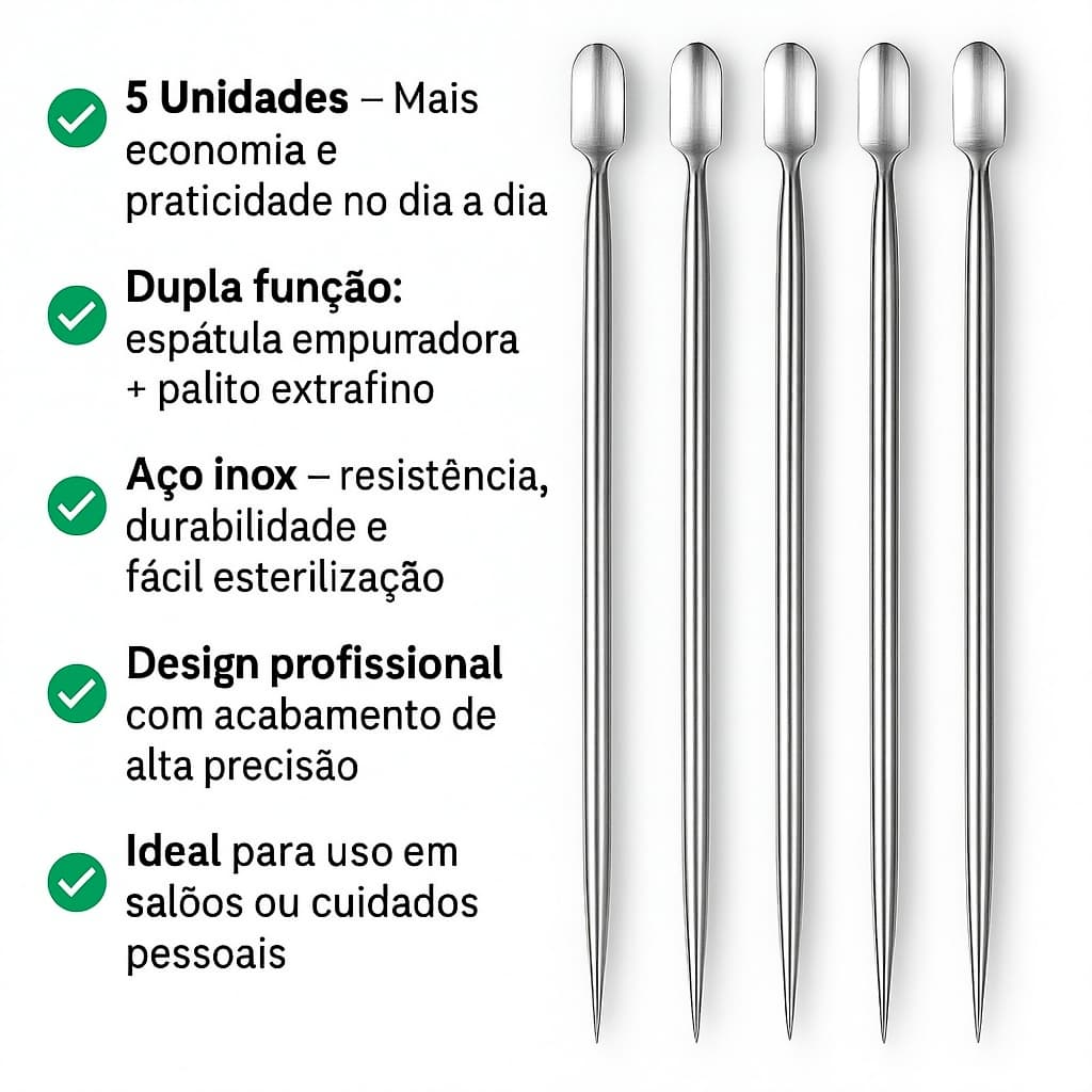 Kit Espátulas Mistas Inox Palito Duplo Raspador Cutícula Profissional Manicure Precisão