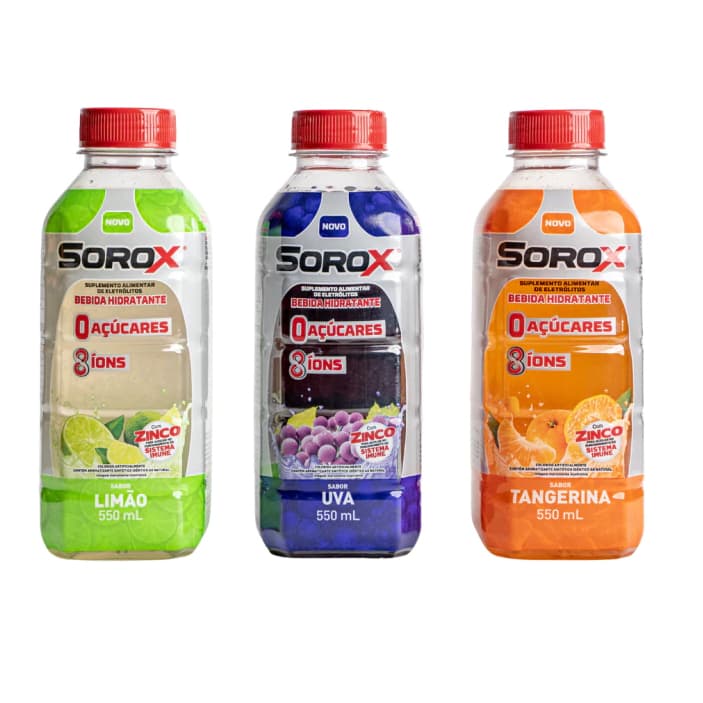 kit 03 Sorox Sabores (Limão, Uva e Tangerina) 550ml - Bebida hidratante de Eletrólitos