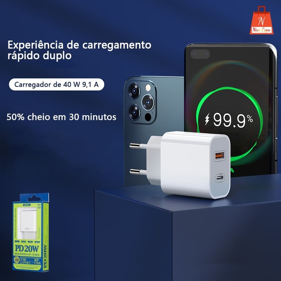 Carregador USB de 40 W + carregador super rápido tipo C com conjunto de cabo de carregamento de 1 metro de comprimento