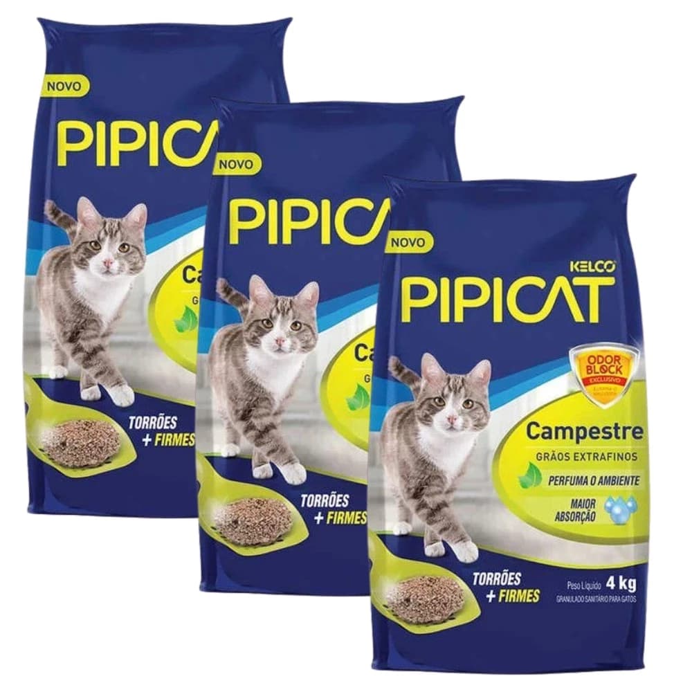 Kit 3 AREIAS Sanitárias P/ Gato Kelco Pipicat Campestre 4Kg