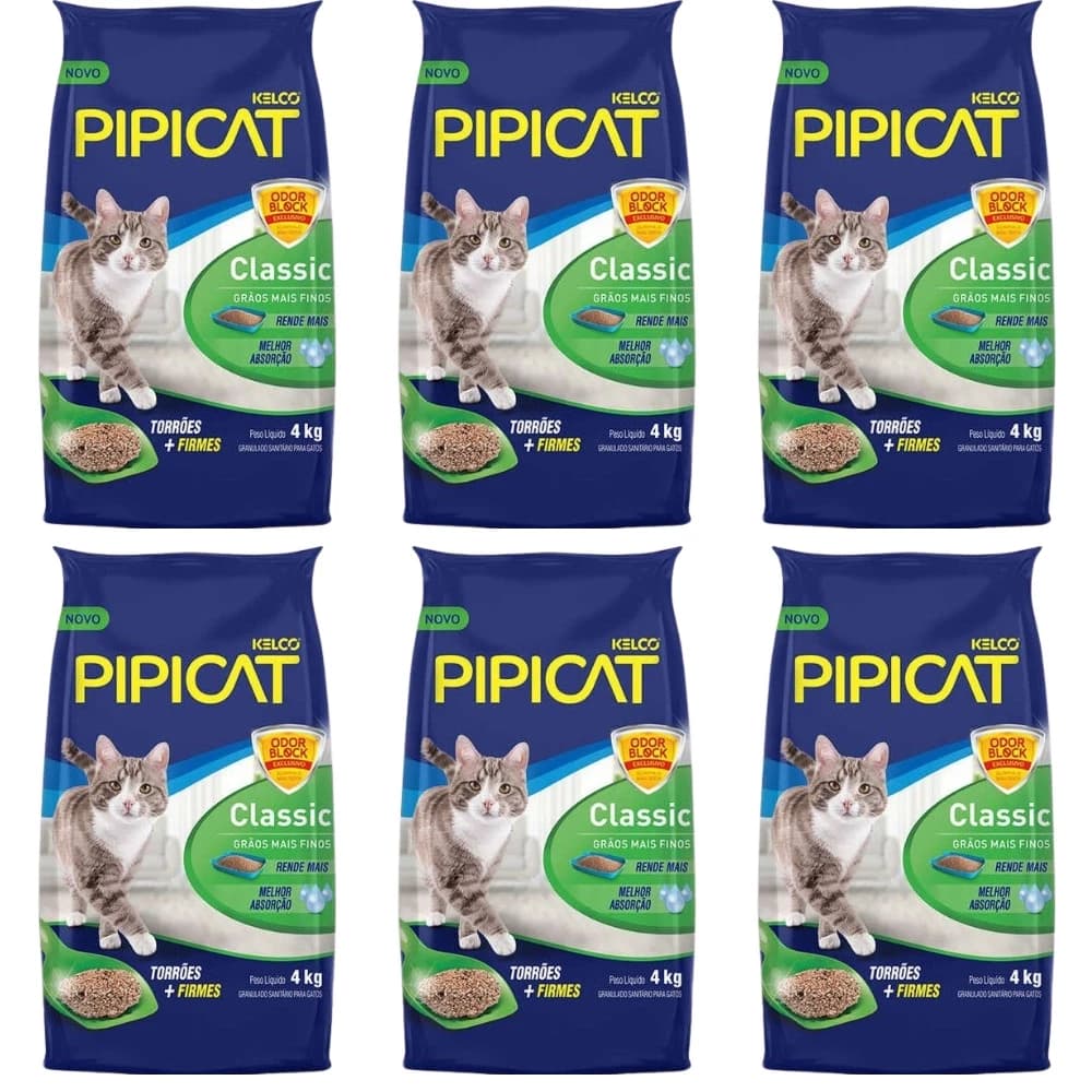 Kit 6 Areias Sanitárias Para Gatos Kelco Pipicat Classic 4kg