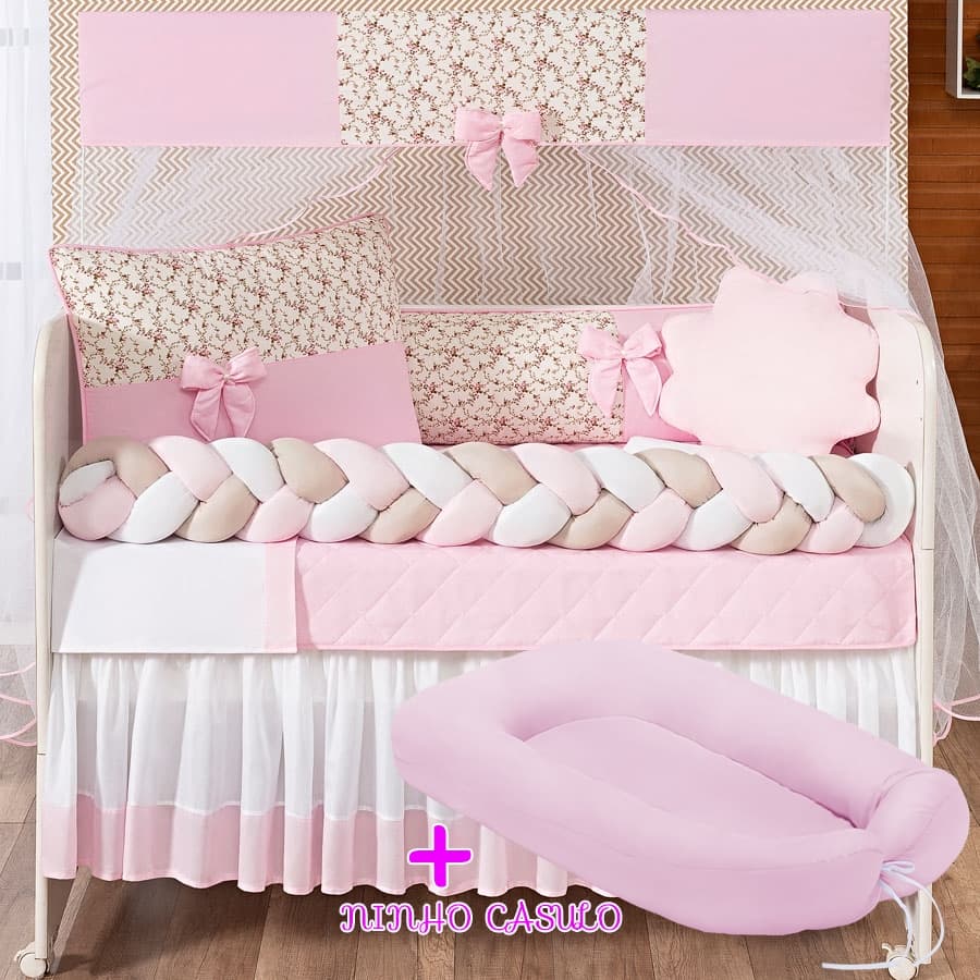 Kit Berço 12 Peças Rosa com Ninho Slim | Enxoval Completo Bebê Menina