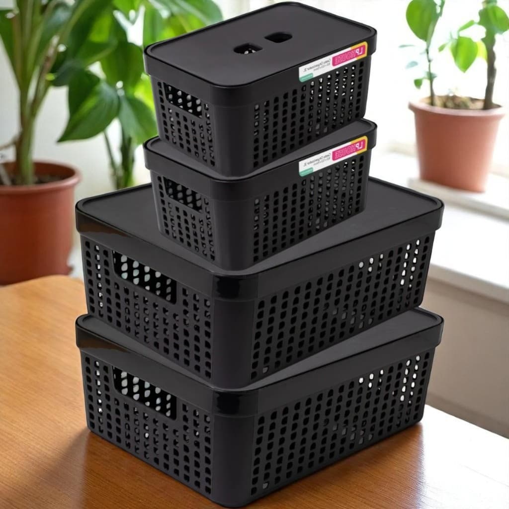 Kit 4 Caixas Organizadoras com Tampa Cesto Grande em Plástico Multiuso para Banheiro Cozinha