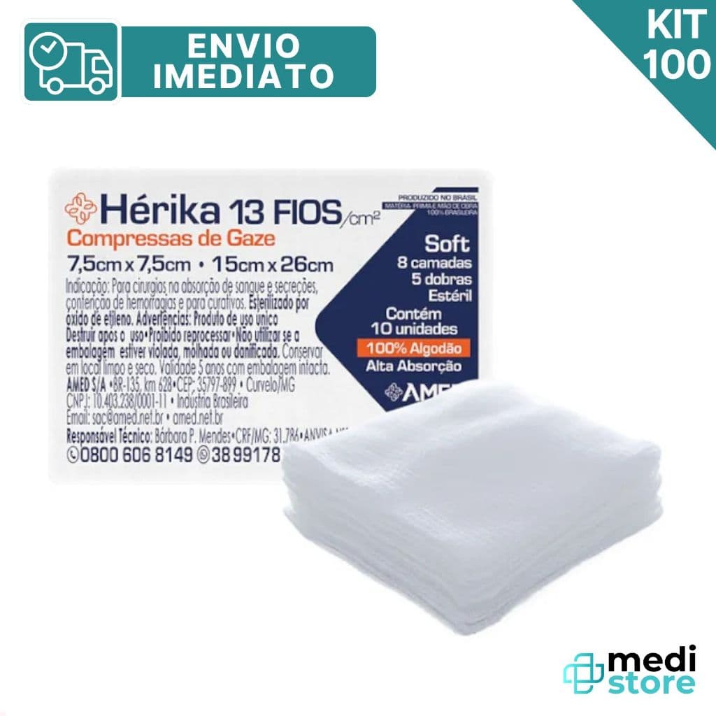 Kit com 100 pacotes de Compressa Gaze 7,5 cm x 7,5cm 13 Fios