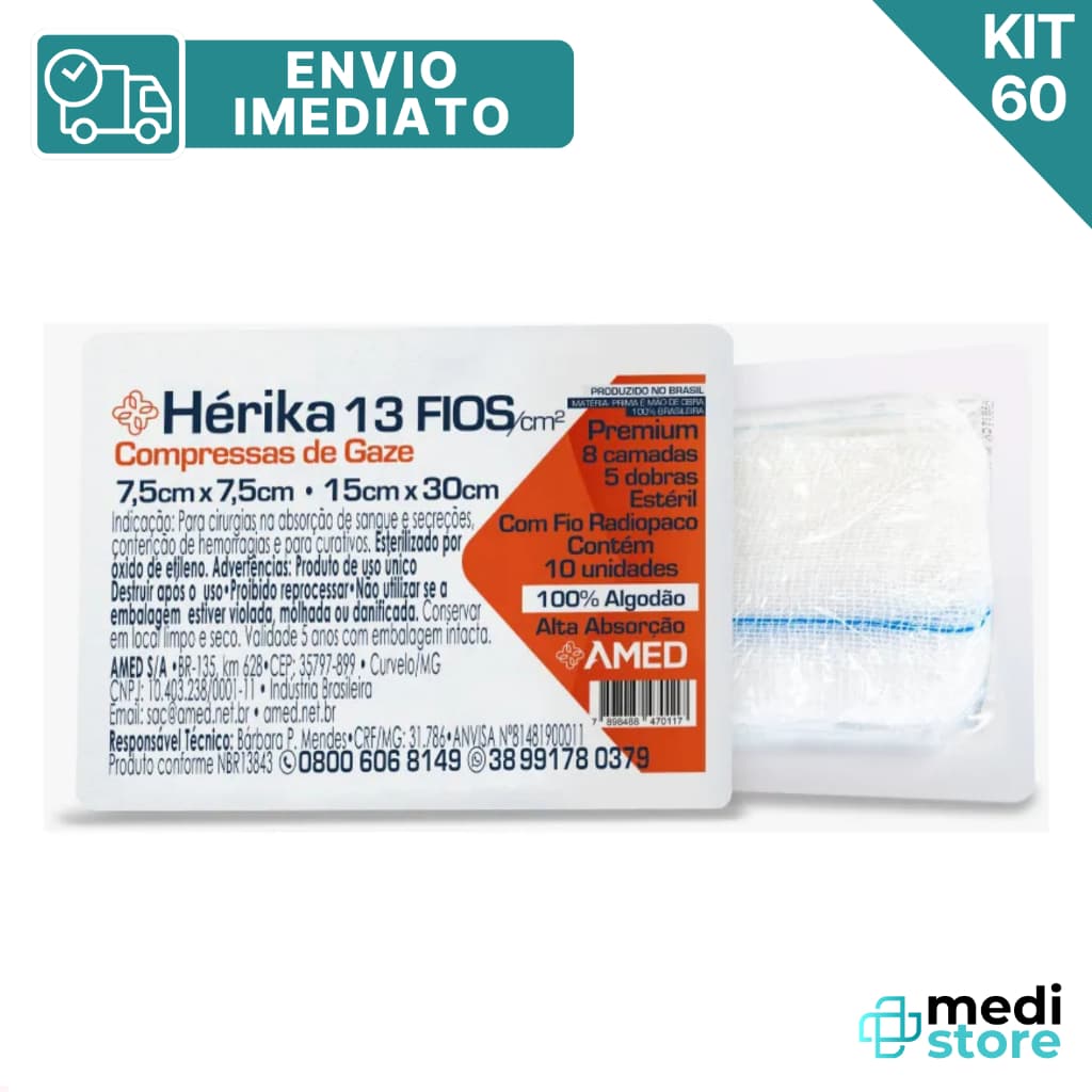 Kit com 60 pacotes de Compressa Gaze 7,5 cm x 7,5 cm 13 Fios