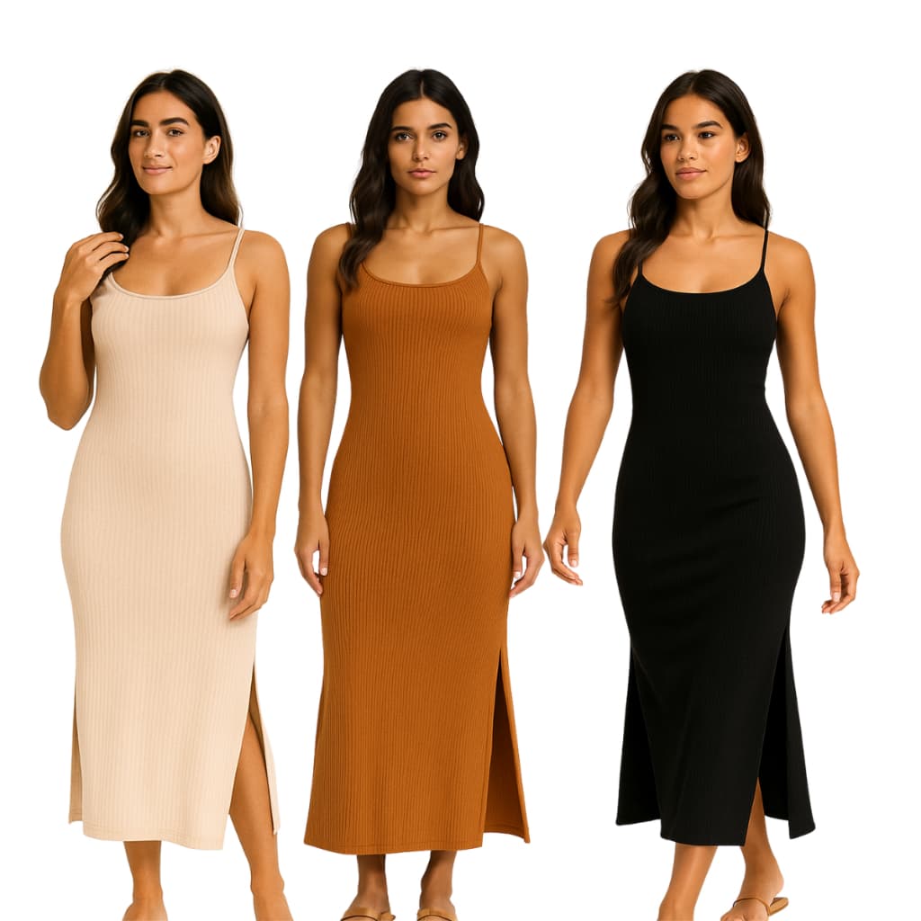 Vestido Alcinha Liso Longo Verão Moderno Canelado Fenda Lateral