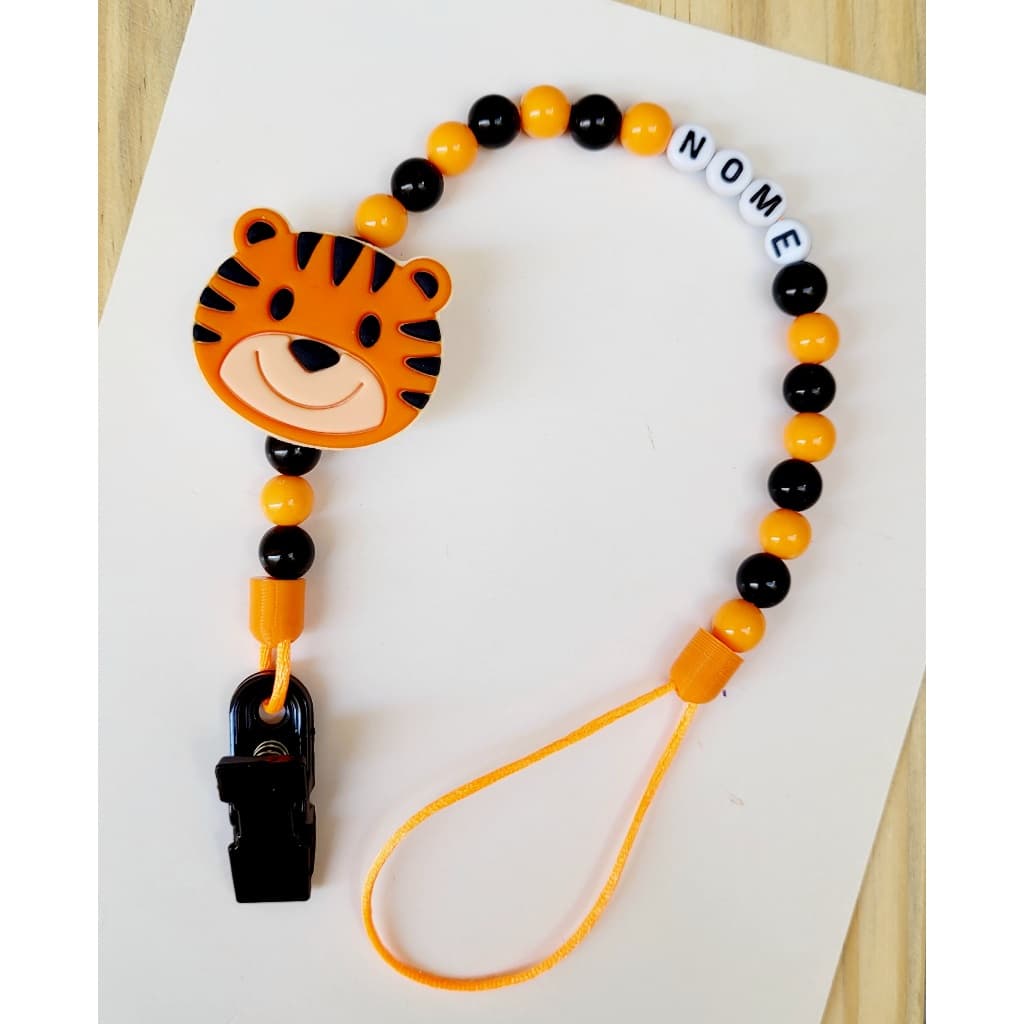 Prendedor de chupeta Tigrinho personalizado com o nome do bebê (nomes com até 10 letras)