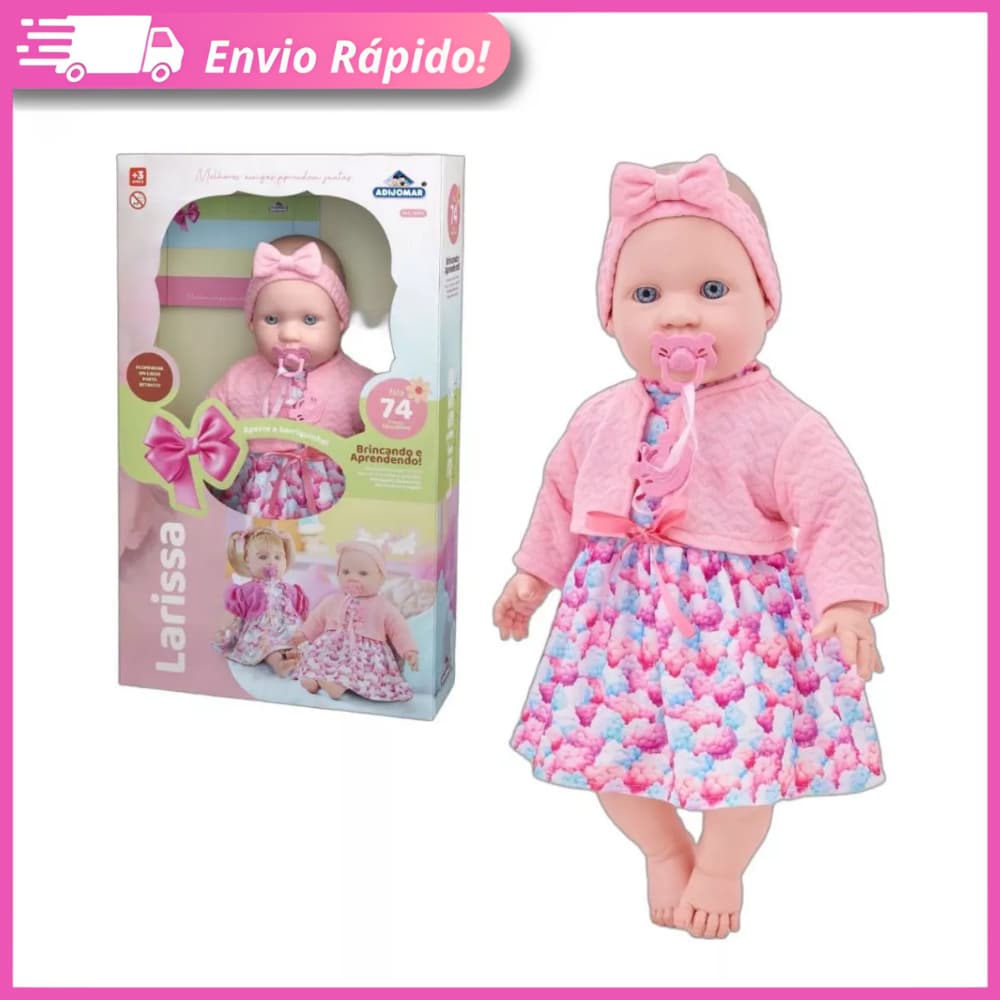 Boneca Pedagógica Bebê Larissa Fala 74 Frases Grande 47cm Menina Brinquedo c/ Chupeta e Porta-Retrato