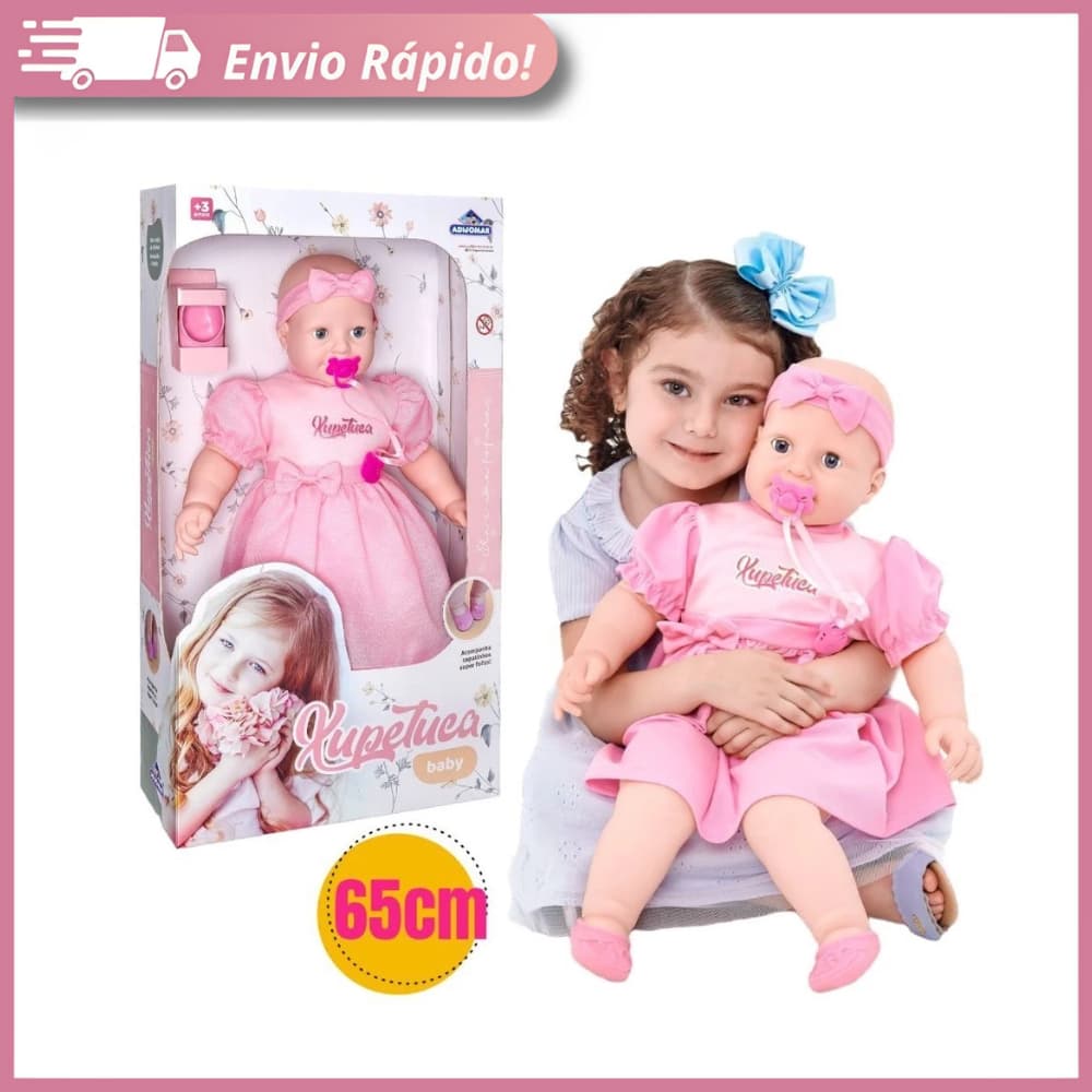 Brinquedo Boneca Bebê Xupetuca com Olho Móvel Chupeta e Sapatinhos 65cm Menina - Adijomar Brinquedos