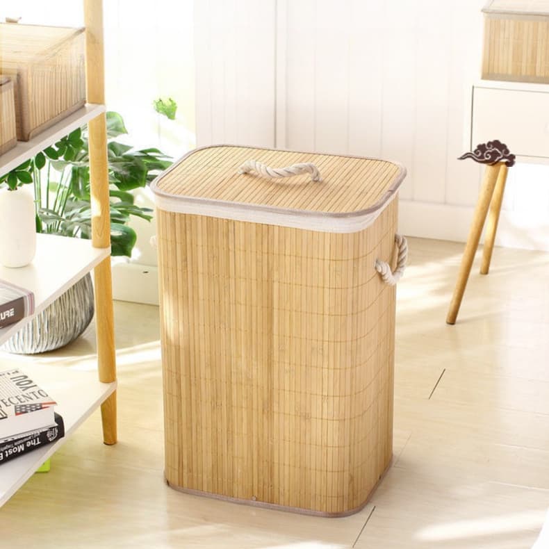 Cesto De Roupa Suja Bambu Dobravel Organizador Forrado Banheiro 72L Grande Cesto Retangular