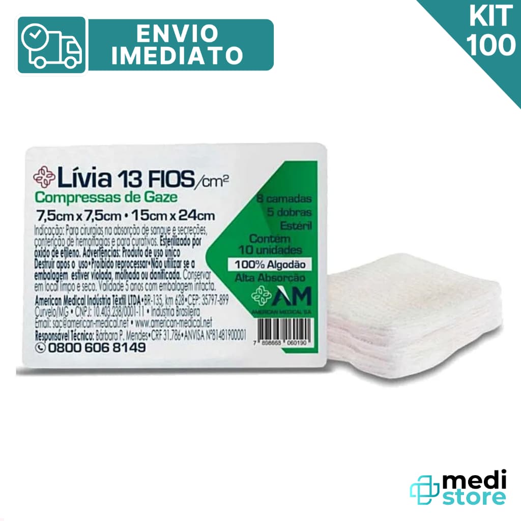 Kit com 100 Compressa Gaze 7,5 cm  X 7,5 cm  13 Fios Esteril