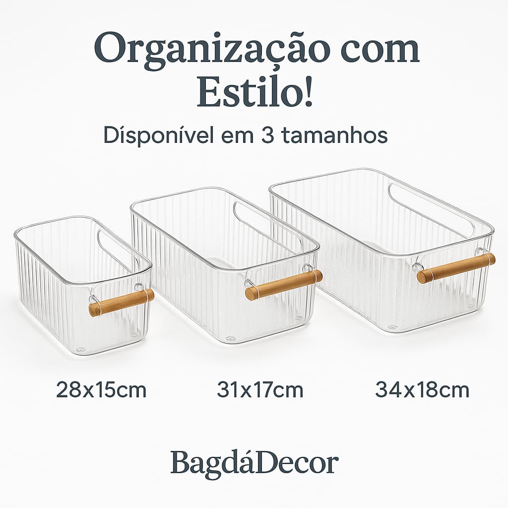 Cesto Organizador Acrílico com Alça de Bambu 🧺 3 Tamanhos – Cozinha, Banheiro, Multiuso