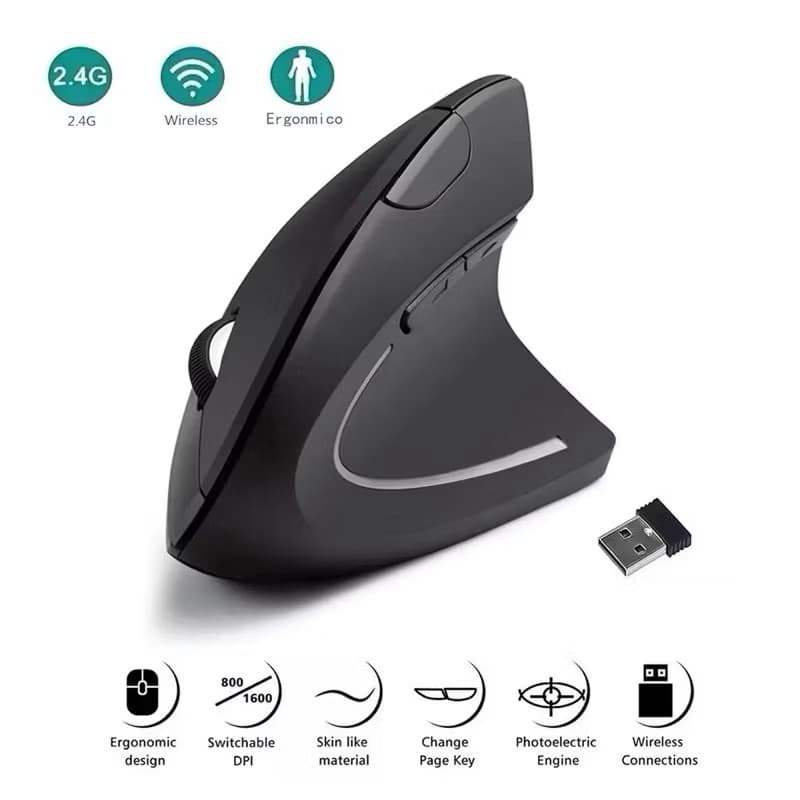 Mouse Vertical Ergonômico 2.4GHz Mouse Óptico Sem Fio 3 Ajustável