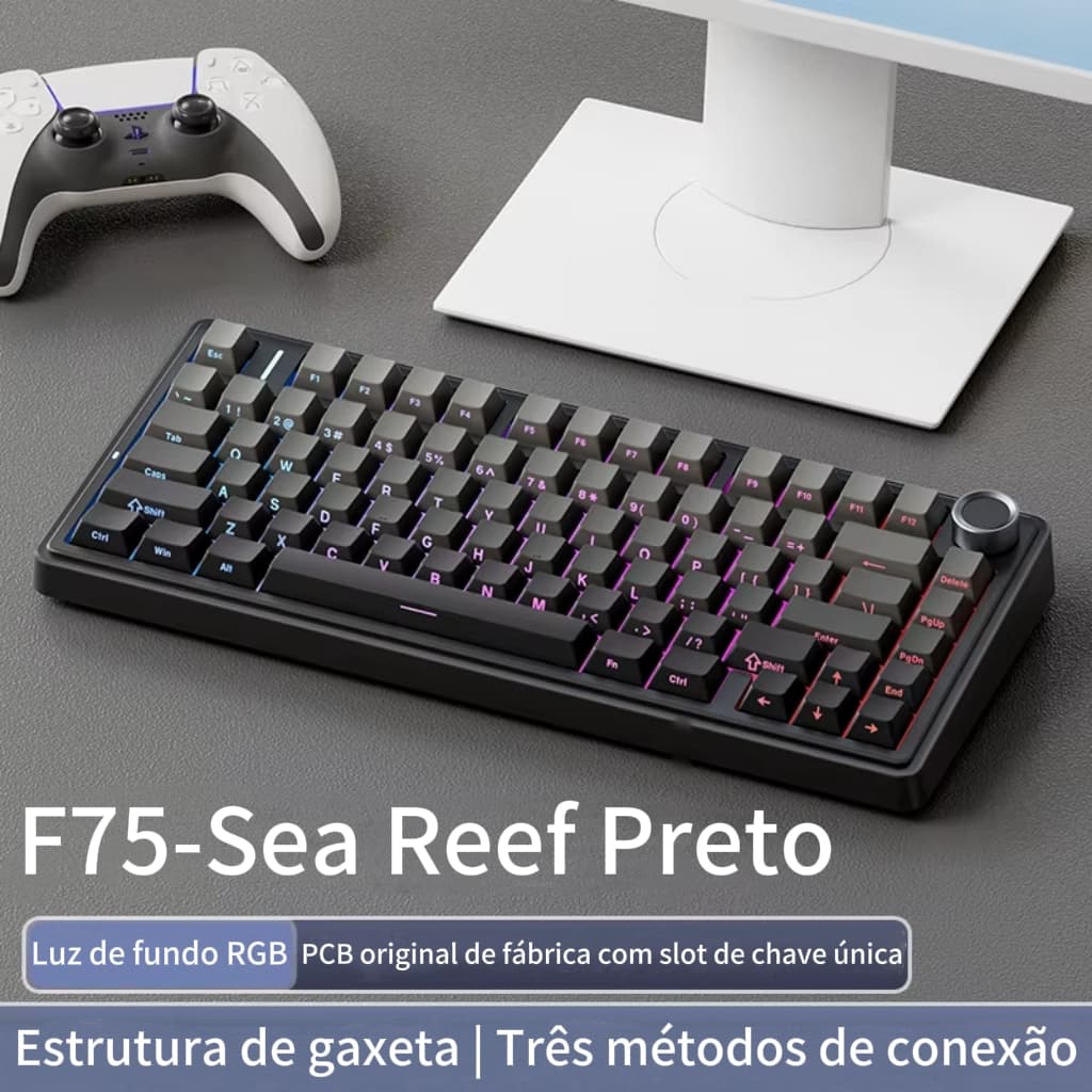 2025 Super sensível ao toque Teclado Gamer AULA F75 Sea Reef Black Mecânico RGB ABNT2 USB