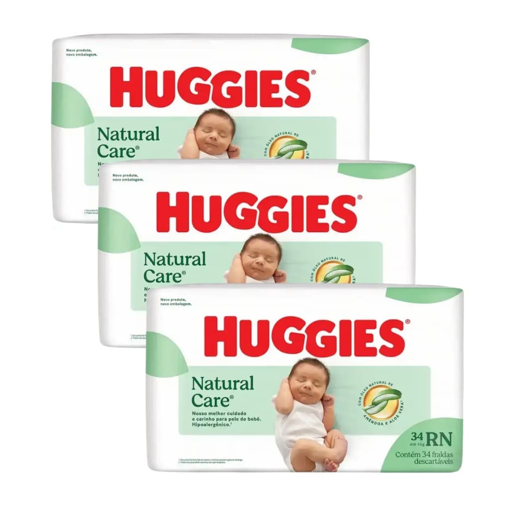 Fralda huggies NATURAL CARE RN recém nascido kit com 3 pacotes de 34 unidades