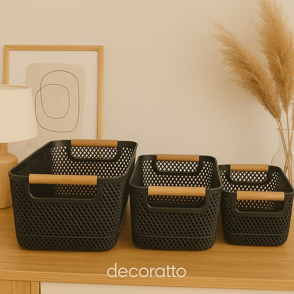 Cesto Organizador Decorativo Multiuso Plástico Alça de Bambu - Banheiro, Quarto, Escritório, Cozinha