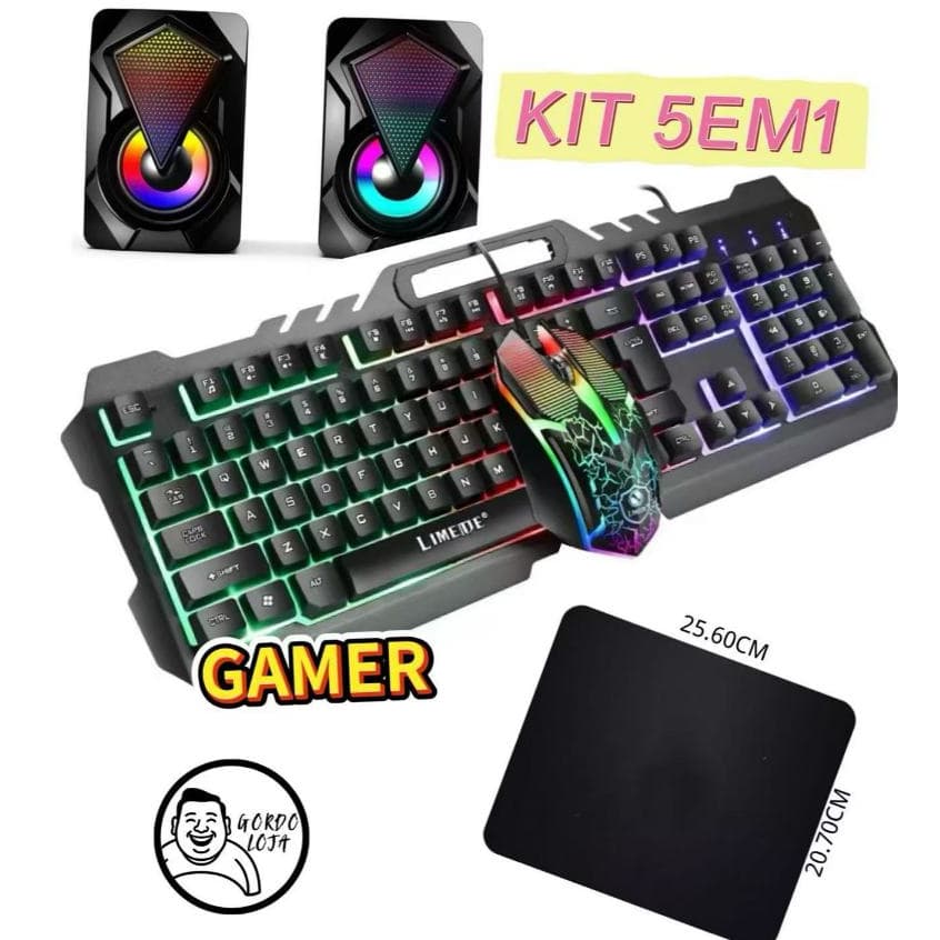 Kit 5em 1 Teclado Gamer Semi Mecanico Iluminado + mouse pad + caixa de som + mouse para Jogos