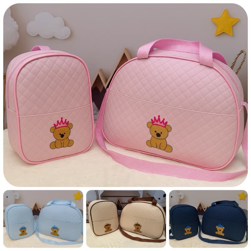 Kit Bolsa e Mochila para Bebê Saida Maternidade Com Urso Bordado Presente Recém Nascido