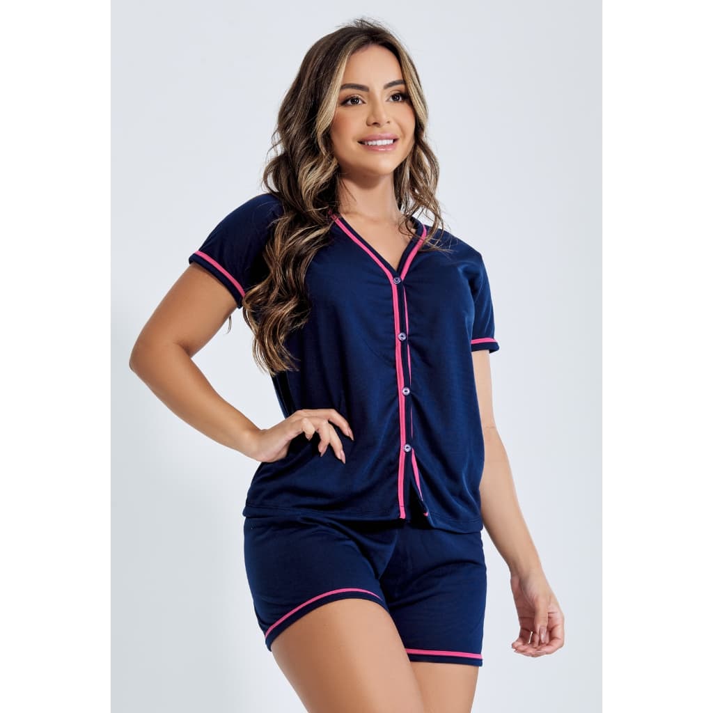 Pijama Feminino Baby Doll Short Verão Confortável Blogueirinha Alcinha Luxo Com Botões